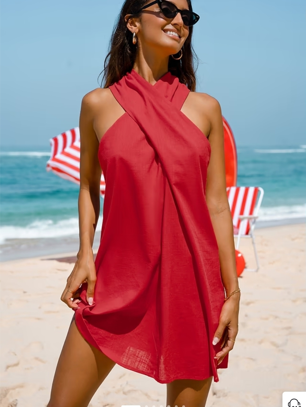Red Halter Cross-Neck Beach Dress